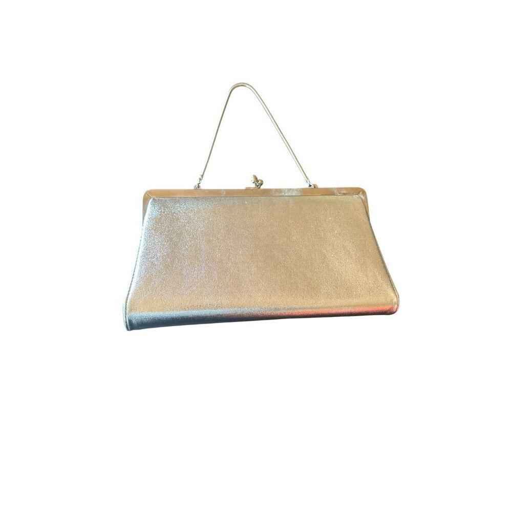 Vintage André Silver Metallic Evening Clutch Purse Chain Handle Satin Lining
